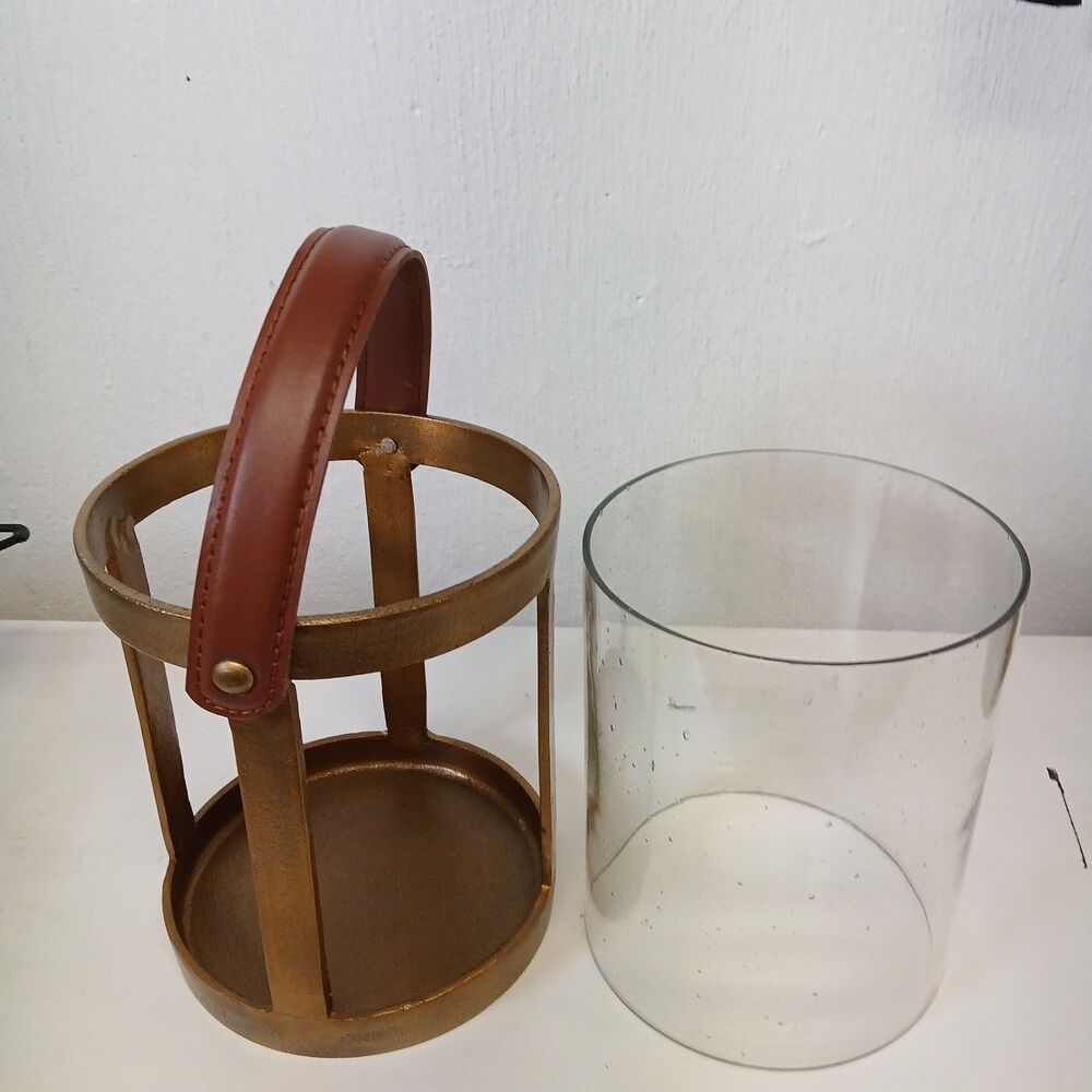 Threshold Glass Candle Holder Set of 2 Brushed Metal w/Brown Faux Leather Handle - Picture 6 of 9